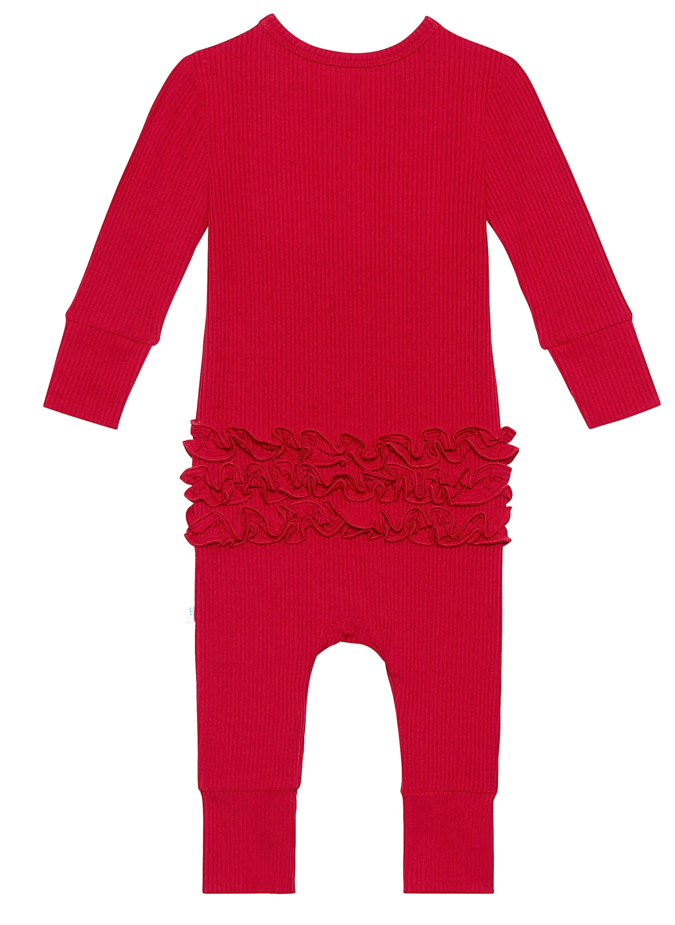 Posh Peanut Solid Ribbed Crimson L/S Ruffled Henley Romper