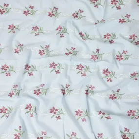 Powder blue premium pure cotton voile fabric with sage green, beige and crimson red embroidery in floral design-D13696