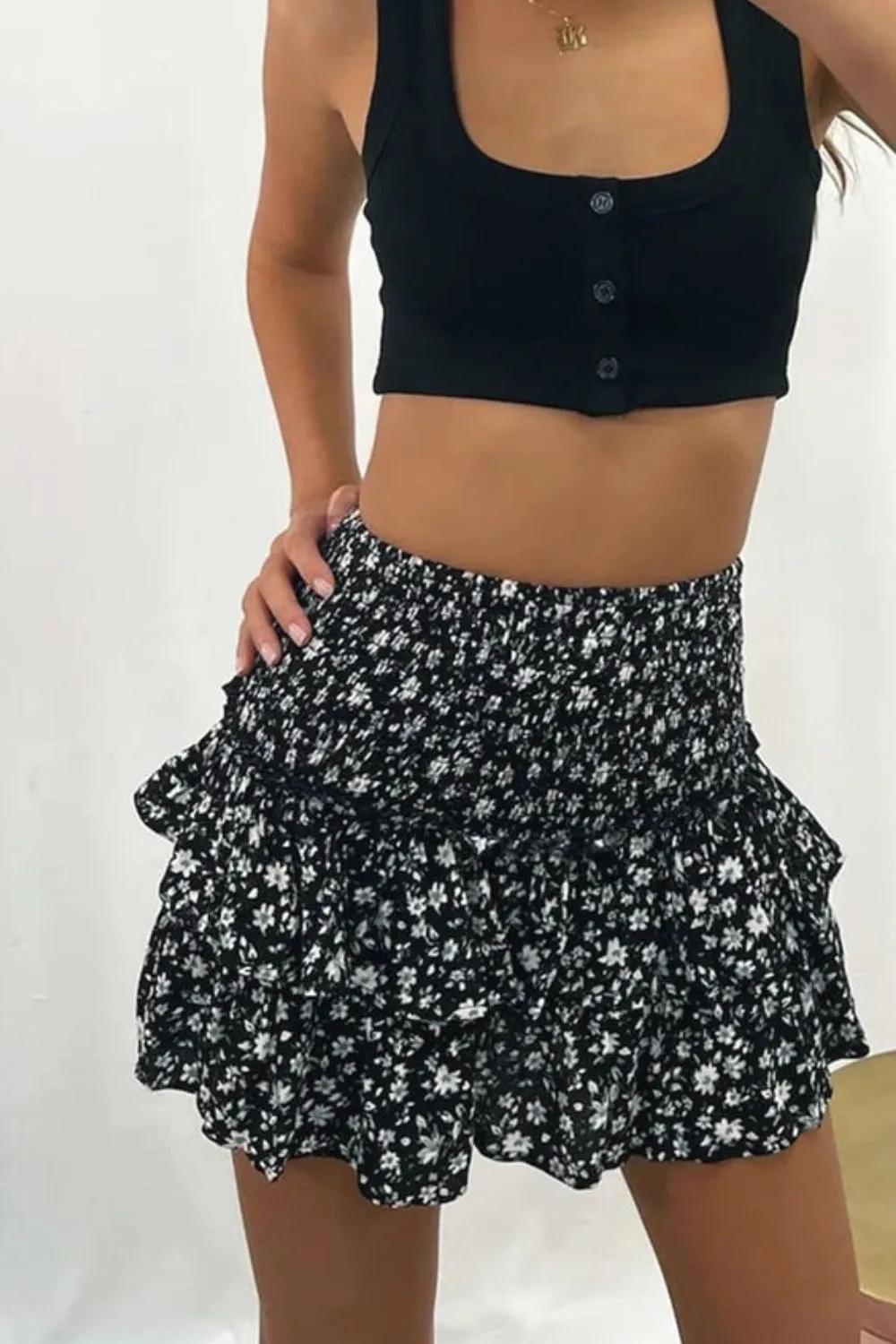 Printed Frill Trim Smocked Mini Skirt