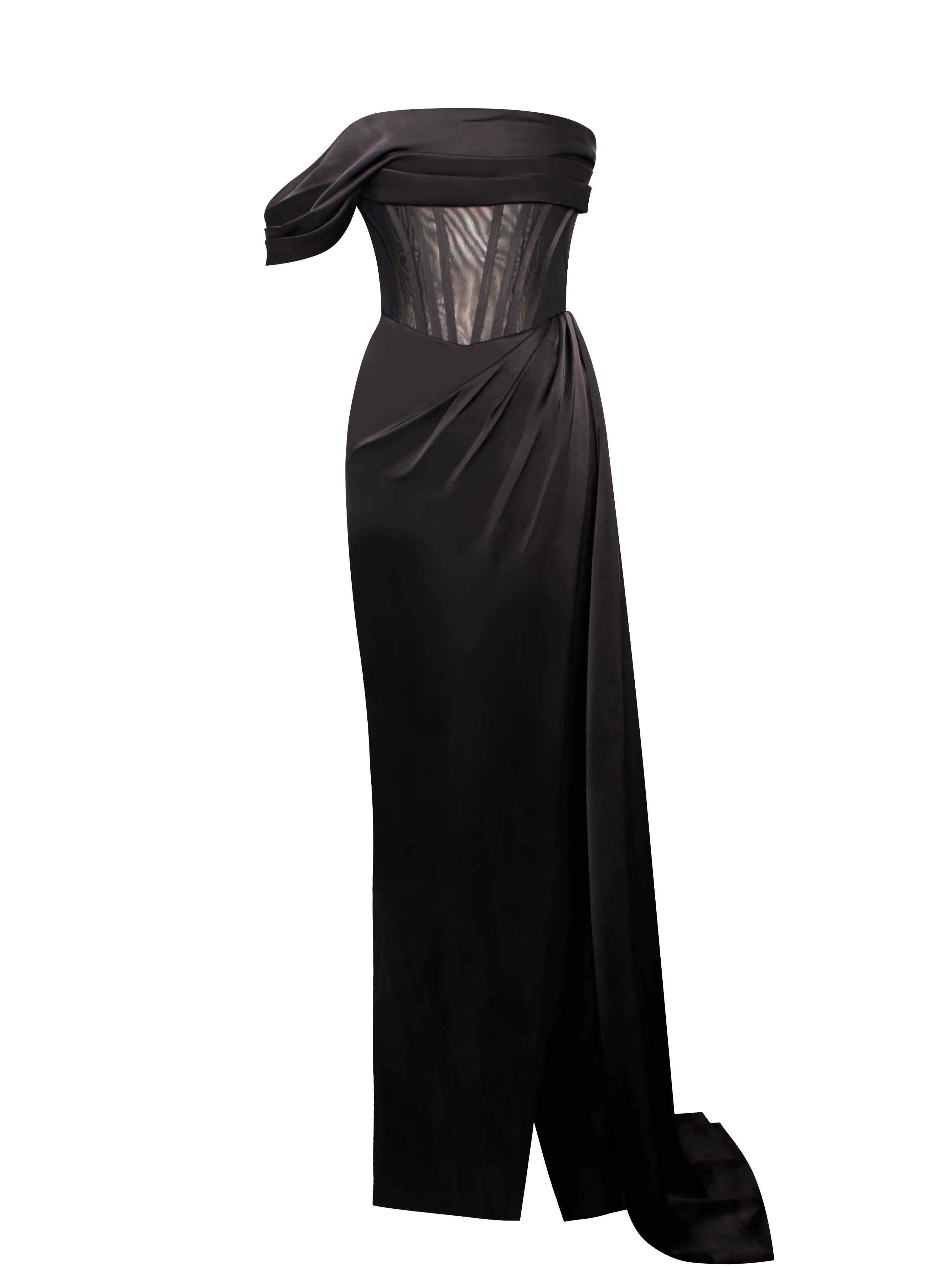 Rebeca Black Satin High Slit Corset Gown