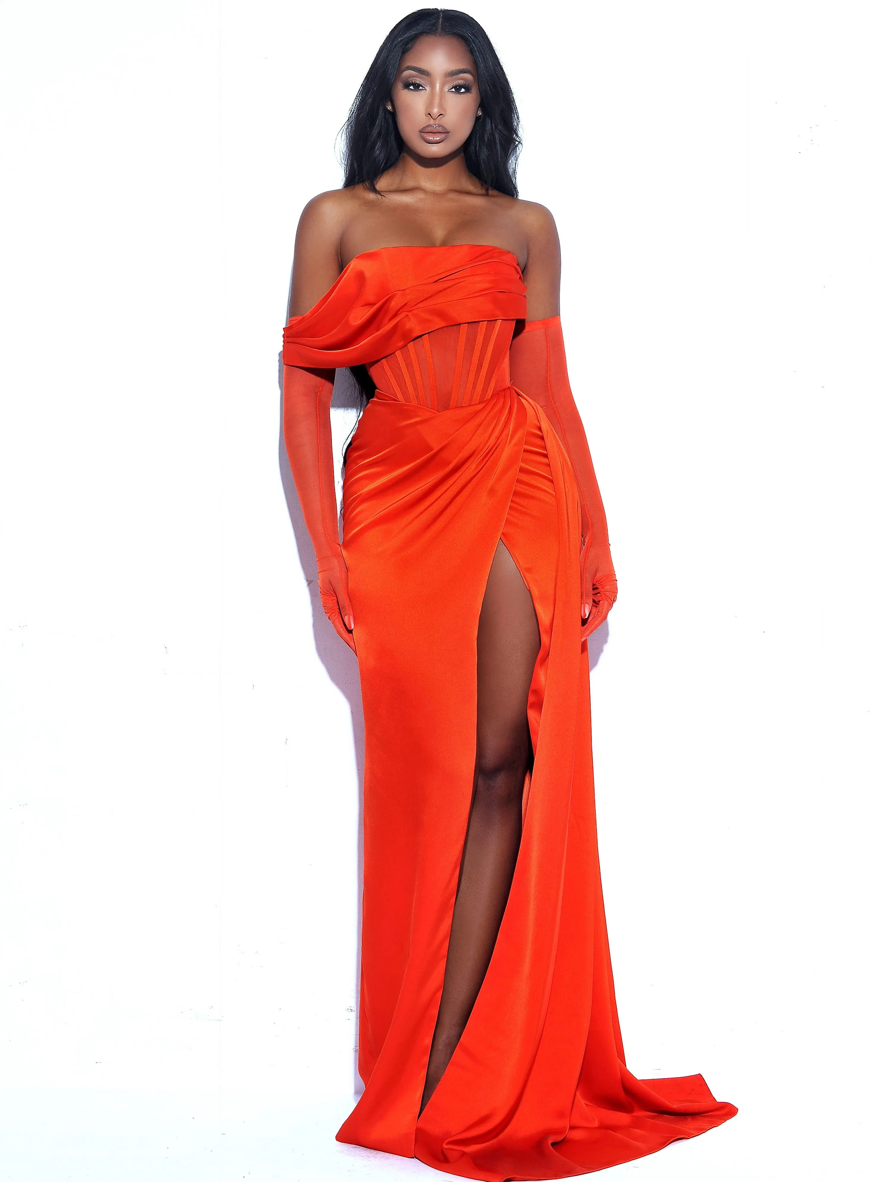 Rebeca Poinciana Satin High Slit Corset Gown