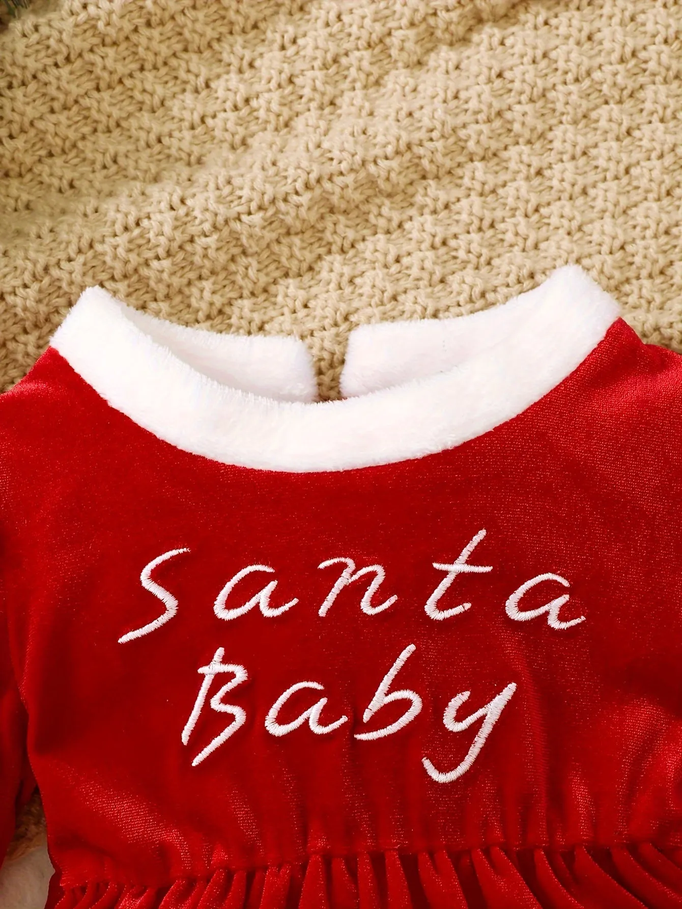 Santa Baby Girls' Cute Christmas Dress - Long Sleeve Round Neck Red Velvet Dress with Furry Collar and Ruffled Sleeves, Polyester Blend, Knit Fabric, Non-Stretch, Includes Matching Santa Hat for Fall/Winter Season