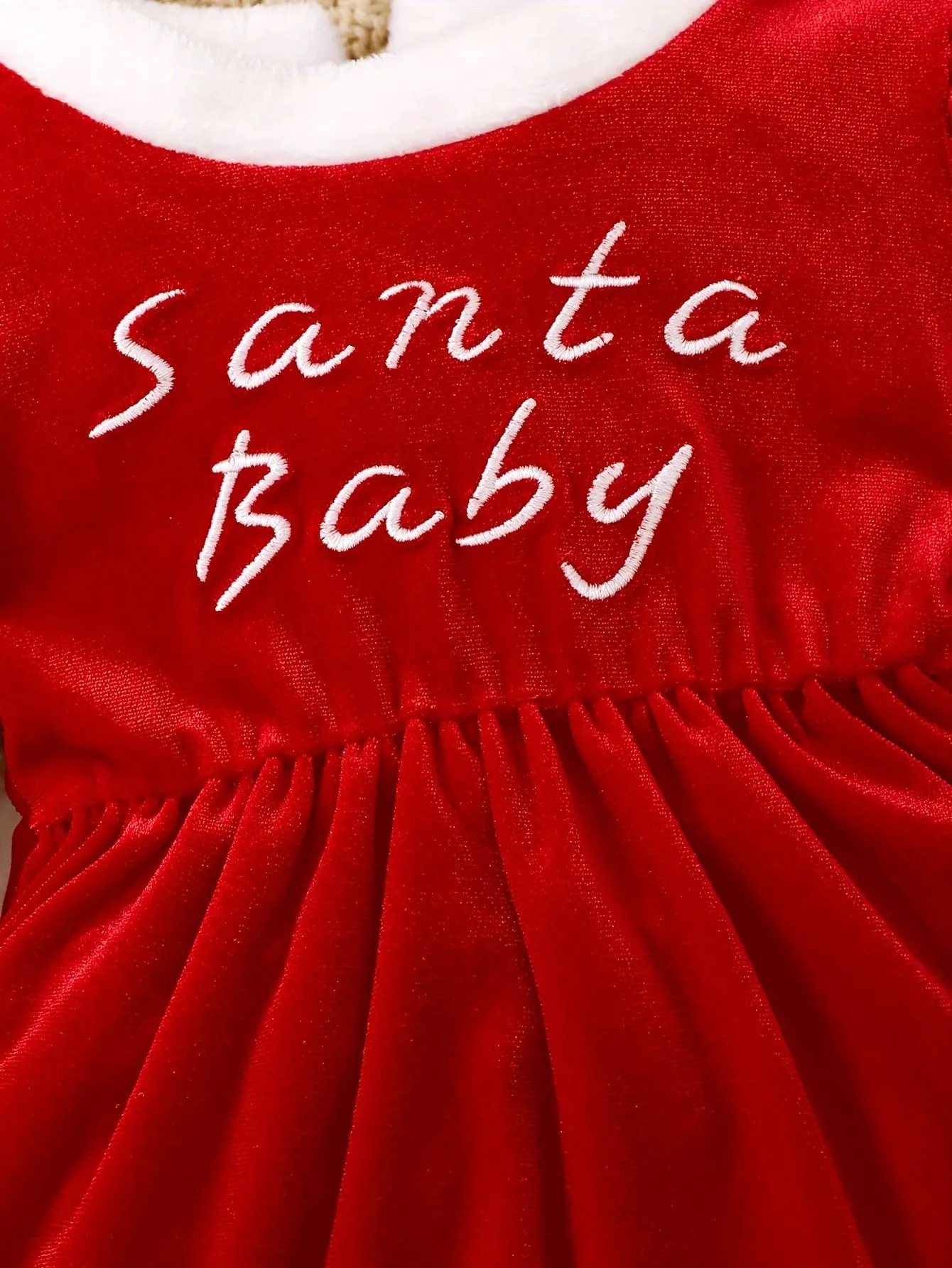 Santa Baby Girls' Cute Christmas Dress - Long Sleeve Round Neck Red Velvet Dress with Furry Collar and Ruffled Sleeves, Polyester Blend, Knit Fabric, Non-Stretch, Includes Matching Santa Hat for Fall/Winter Season