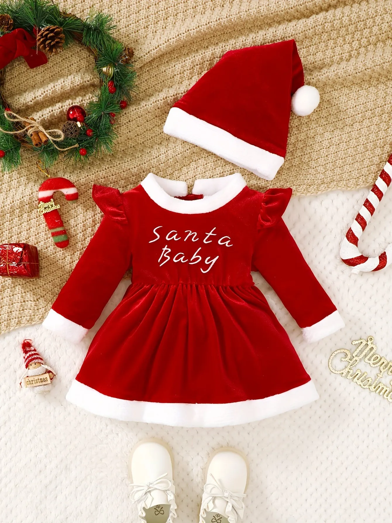 Santa Baby Girls' Cute Christmas Dress - Long Sleeve Round Neck Red Velvet Dress with Furry Collar and Ruffled Sleeves, Polyester Blend, Knit Fabric, Non-Stretch, Includes Matching Santa Hat for Fall/Winter Season