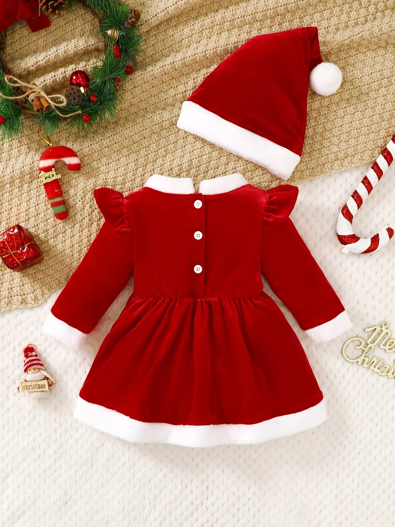 Santa Baby Girls' Cute Christmas Dress - Long Sleeve Round Neck Red Velvet Dress with Furry Collar and Ruffled Sleeves, Polyester Blend, Knit Fabric, Non-Stretch, Includes Matching Santa Hat for Fall/Winter Season