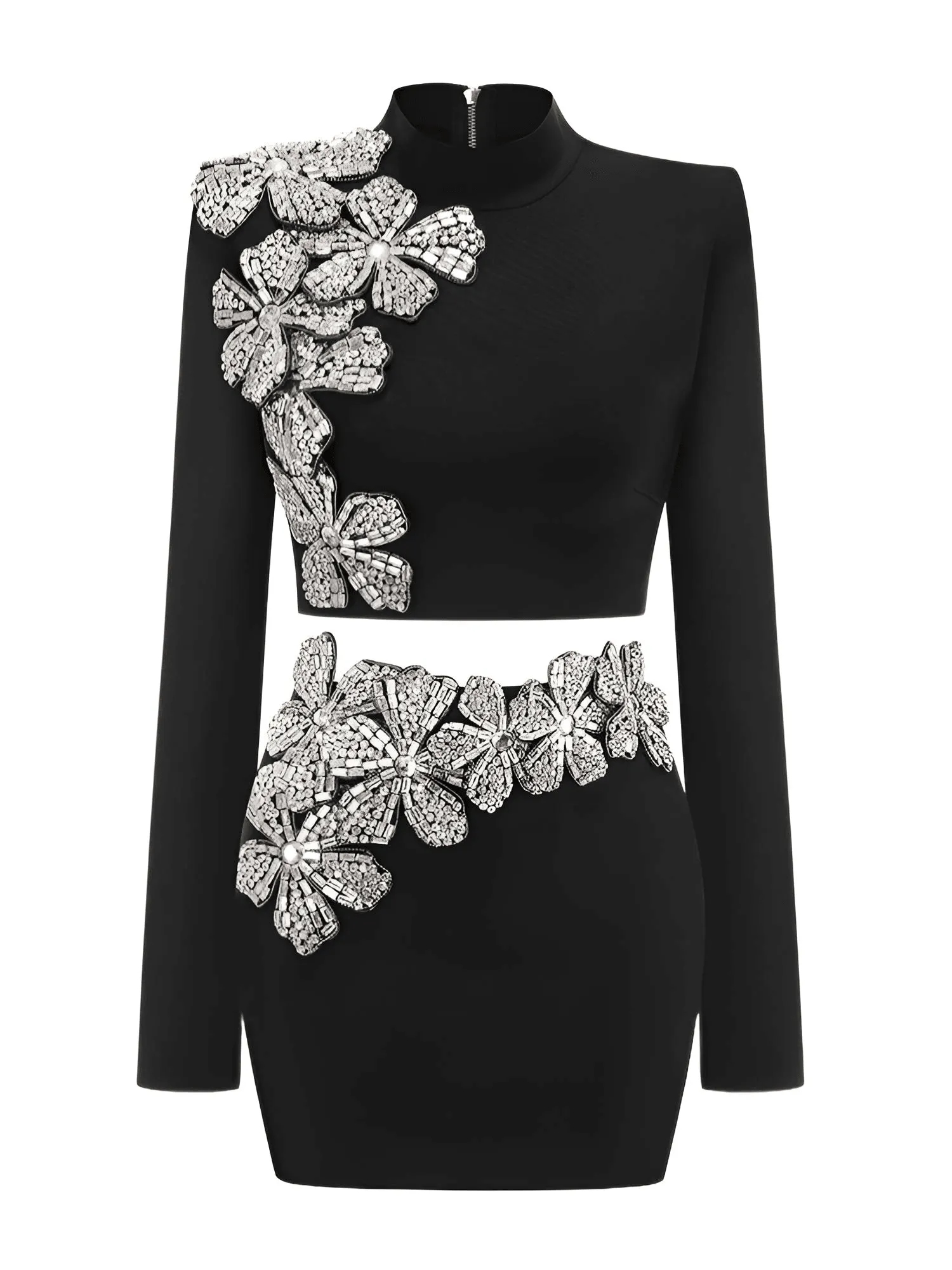 Sexy Long Sleeve Bandage Sets Women 2Pcs Turtleneck Shiny Diamonds Flower Top   Bodycon Mini Skirt Suits Evening Party Set