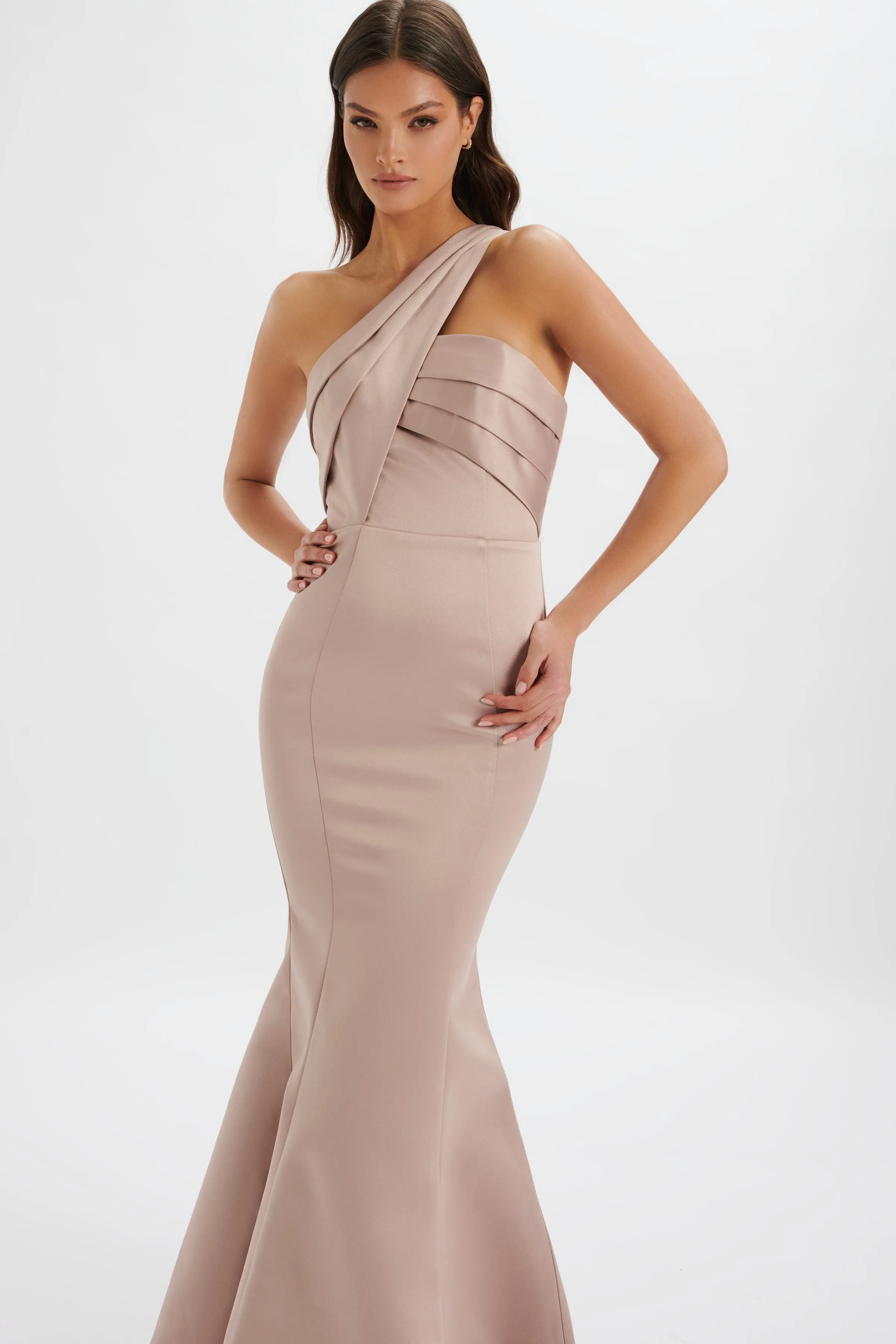 SHAILENE Bonded Satin Asymmetric Maxi Dress In Mink