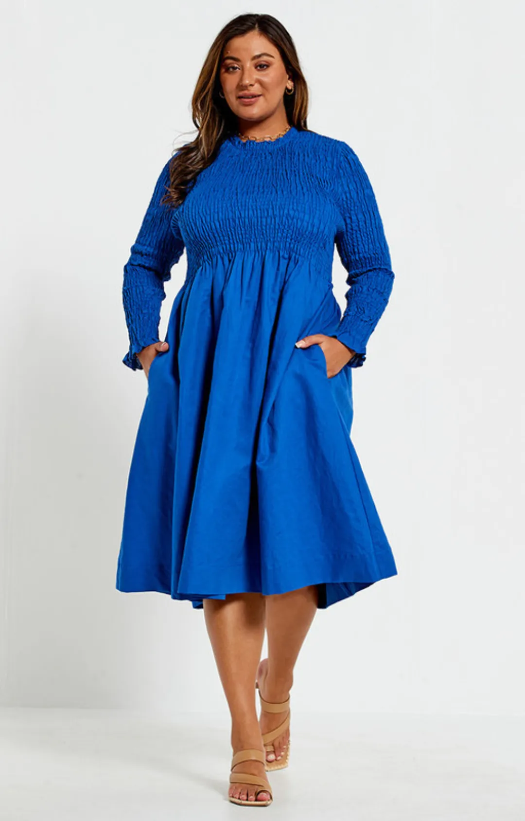 Shirred Midi Dress - Cobalt Blue