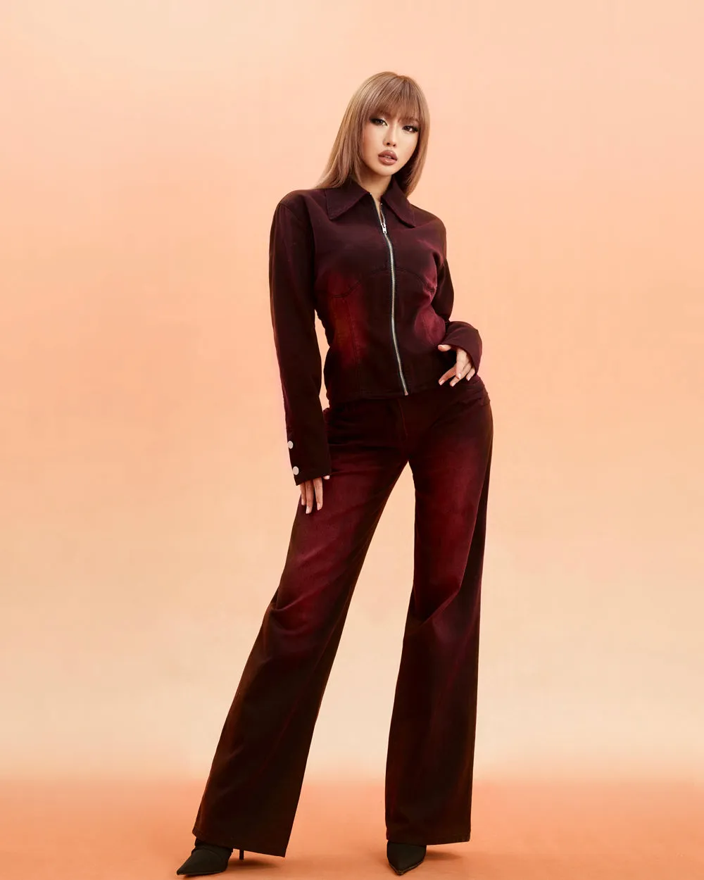 Unicorn Blood Washed Red Zip Up Shirt High Waist Straight Leg Pants Matching Set