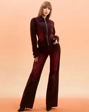 Unicorn Blood Washed Red Zip Up Shirt High Waist Straight Leg Pants Matching Set