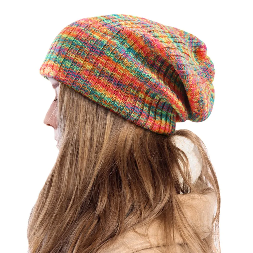 Unisex Woolen Mixed Rainbow Color Stripes Pattern Plus Velvet Thick Warm Couple Hat Beanie Knitted Hat