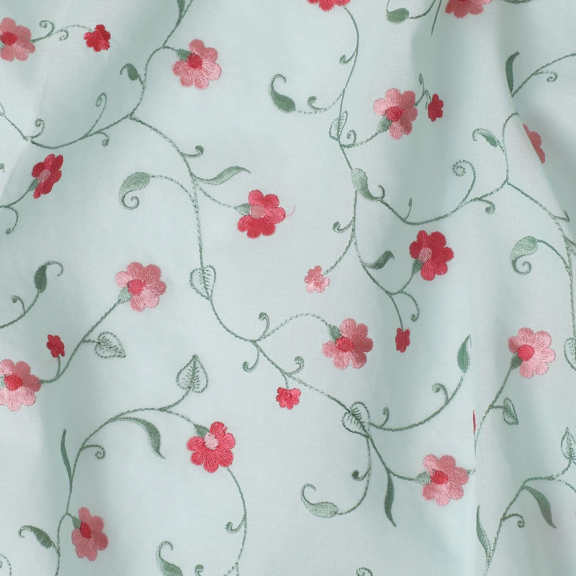 Vista green cotton voile fabric with olive green, crimson red and baby pink embroidery in floral design-D11084