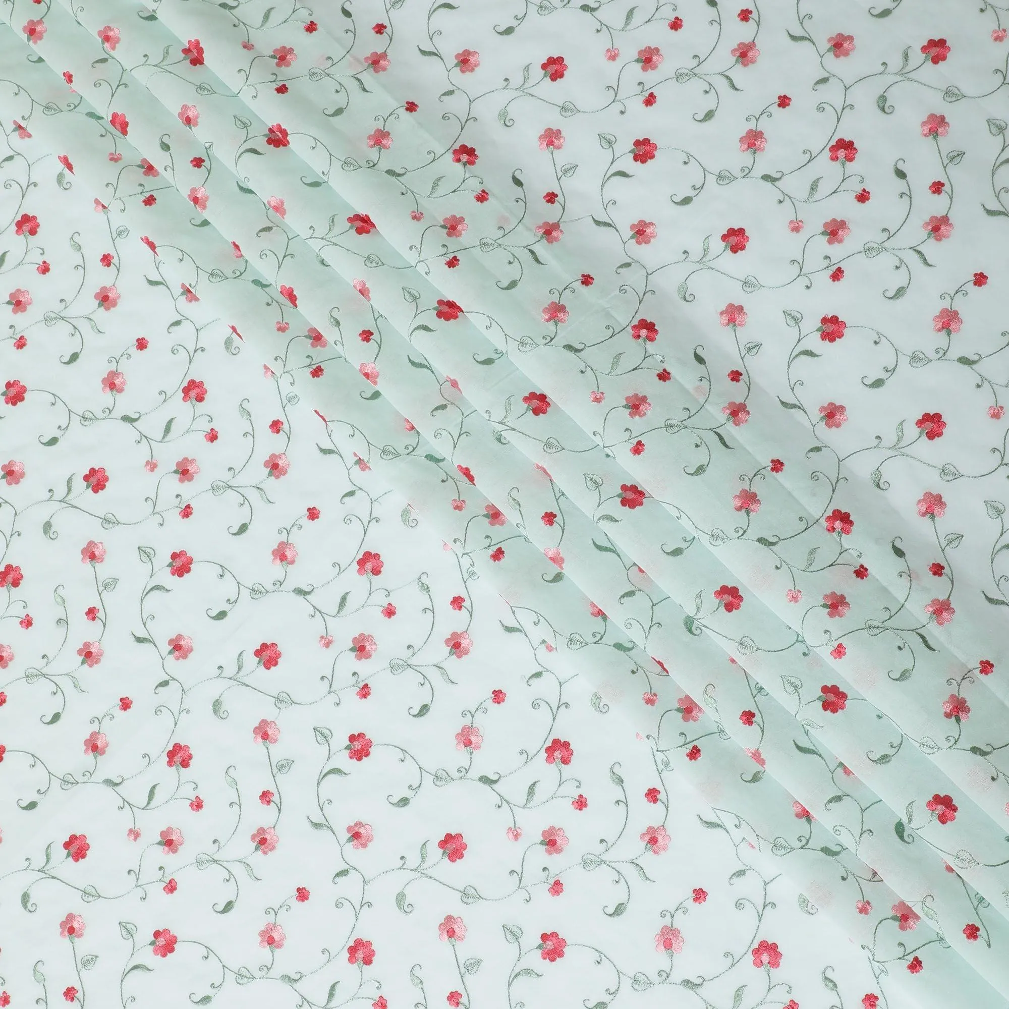 Vista green cotton voile fabric with olive green, crimson red and baby pink embroidery in floral design-D11084