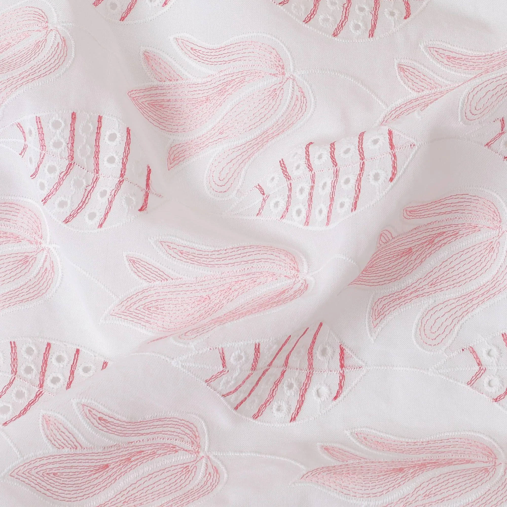 White cotton voile fabric with same tone, crimson red and baby pink embroidery in Leaf design-D9773