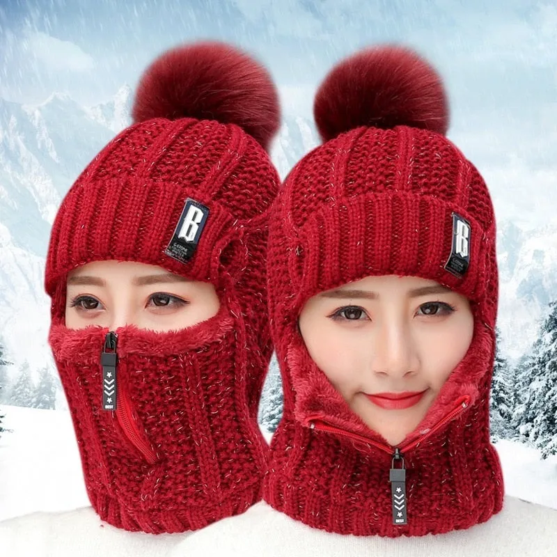 Women Wool Knitted Hat Ski Hat Sets Windproof Winter Outdoor Knit Thick Siamese Scarf Collar Warm Keep Face Warmer Beanies Hat