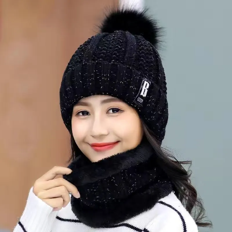 Women Wool Knitted Hat Ski Hat Sets Windproof Winter Outdoor Knit Thick Siamese Scarf Collar Warm Keep Face Warmer Beanies Hat