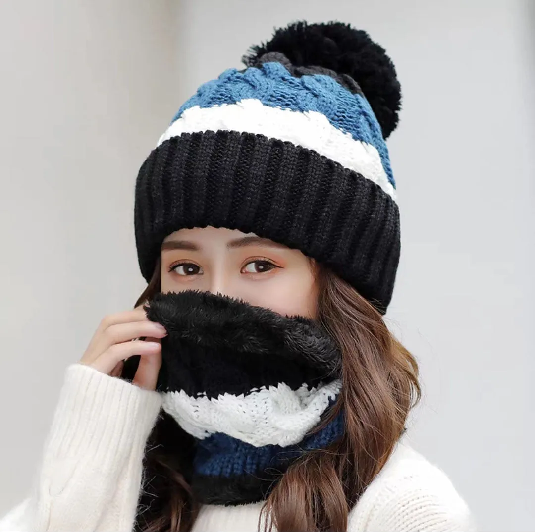 Women Wool Knitted Hat Ski Hat Sets Windproof Winter Outdoor Knit Thick Siamese Scarf Collar Warm Keep Face Warmer Beanies Hat