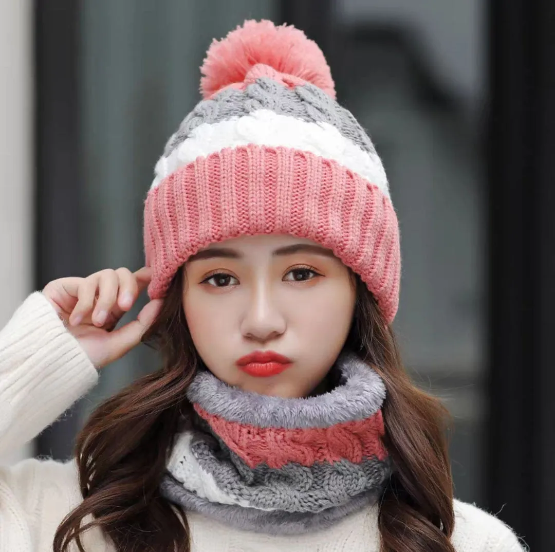 Women Wool Knitted Hat Ski Hat Sets Windproof Winter Outdoor Knit Thick Siamese Scarf Collar Warm Keep Face Warmer Beanies Hat