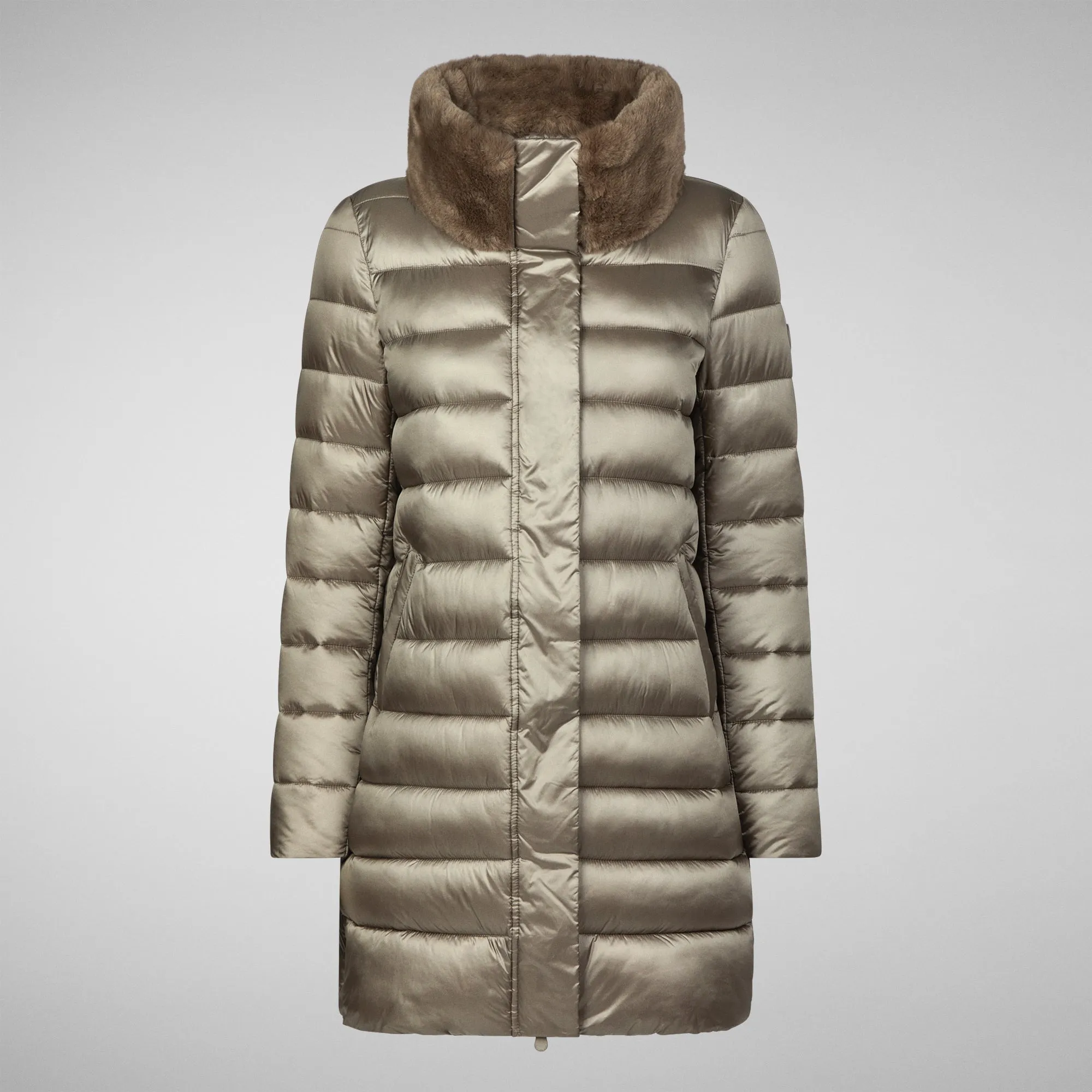 Women's Dalea Puffer Coat with Faux Fur Collar in Mud Grey