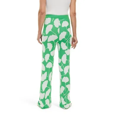 Women's High-Waisted Ginkgo Green Flare Pants DVF Jacquard Knit, Wide Legs, Elastic