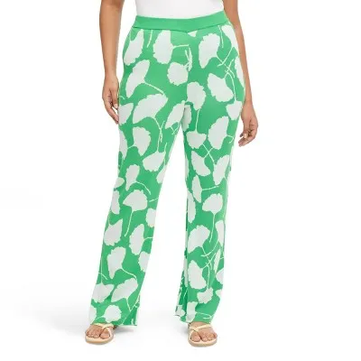 Women's High-Waisted Ginkgo Green Flare Pants DVF Jacquard Knit, Wide Legs, Elastic