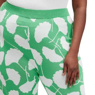 Women's High-Waisted Ginkgo Green Flare Pants DVF Jacquard Knit, Wide Legs, Elastic